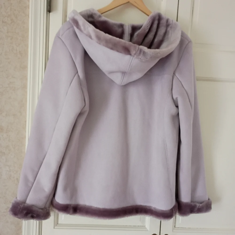 Lavender Hooded Jacket with Faux Fur Trim.Pit To Pit 20". Length 25".New No Tag - Picture 2 of 8